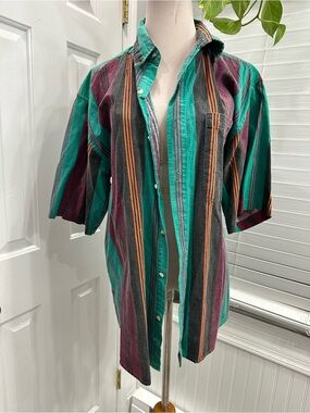 Vintage Santana Striped Button-Up Shirt in Teal & Gray
